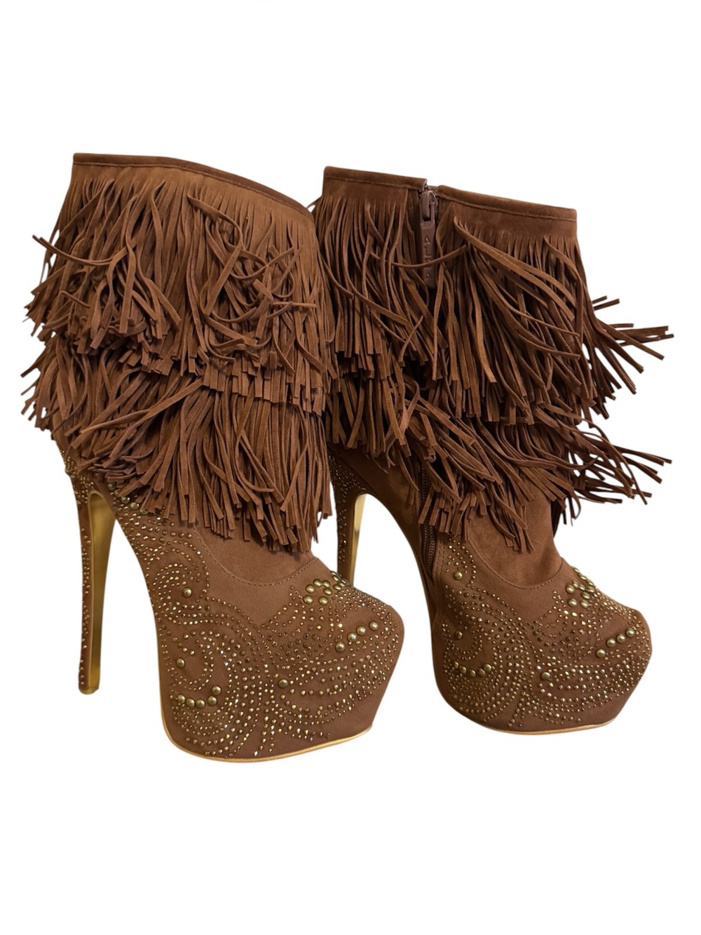 Alba Brown Camel Suede Fringe Boots Gold Studded Platform Stiletto Heel Size 7.5